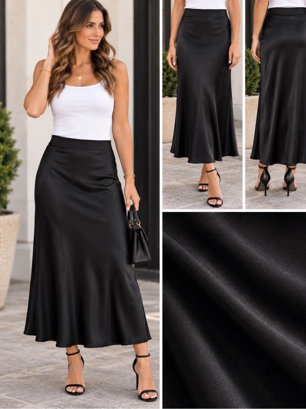 Classic Black Satin Maxi Skirt - Women's Silky A-Line